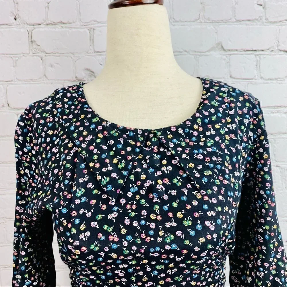 VTG 80s SL Petite Dagger Collar Navy Floral Tie Back Mini Dress Long Sleeves